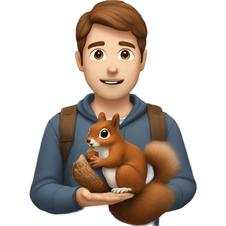 A Man with Brown hair and fair skin feeds a squirrel emoji