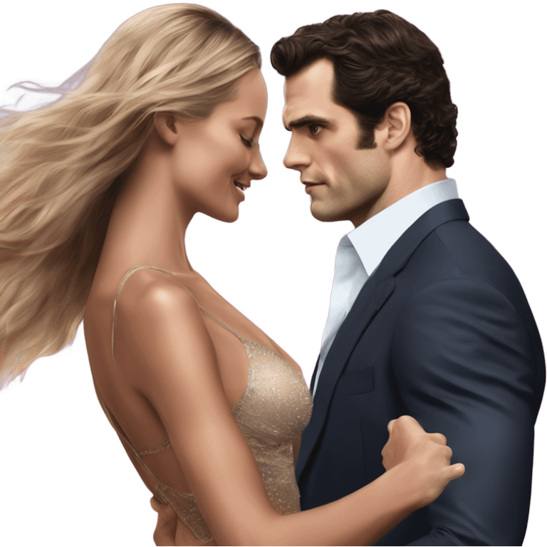 realistic photo of Henry Cavill close dancing with a beautiful  victoria secret model  emoji