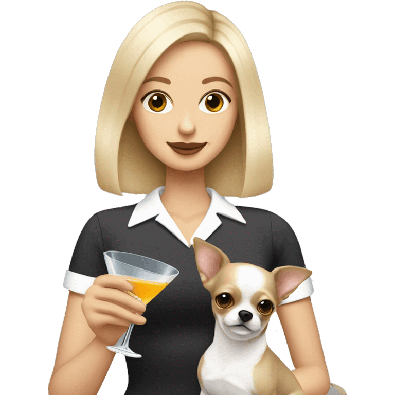 White girl with blonde and brown bob holding Grey long haired chihuahua drinking a martini emoji