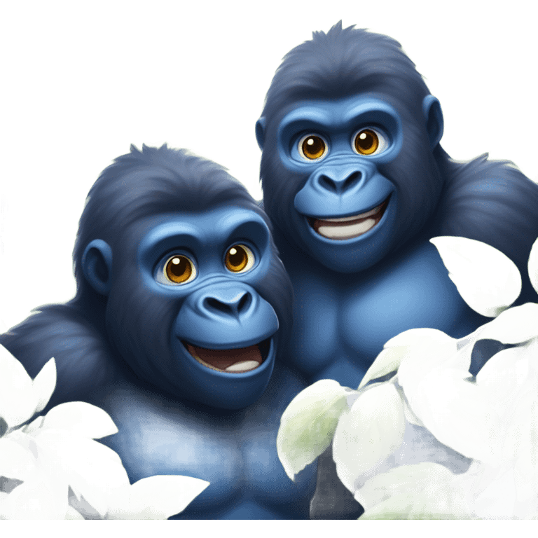 Two joyful blue fluffy gorilla brothers playing in a blueberry bush emoji