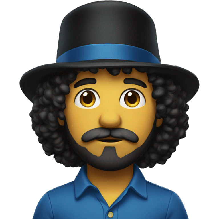 Type man with shoulder length, dark curly hair with mustache wearing short sleeve, yellow and blue polo with long tall, big black top hat emoji