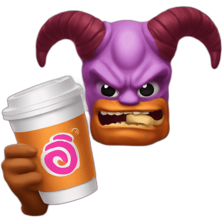 a demon holding a dunkin donuts coffee cup emoji