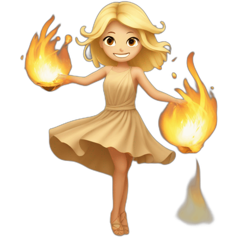 a blonde girl wearing sand coloured dress doing fire dance  emoji