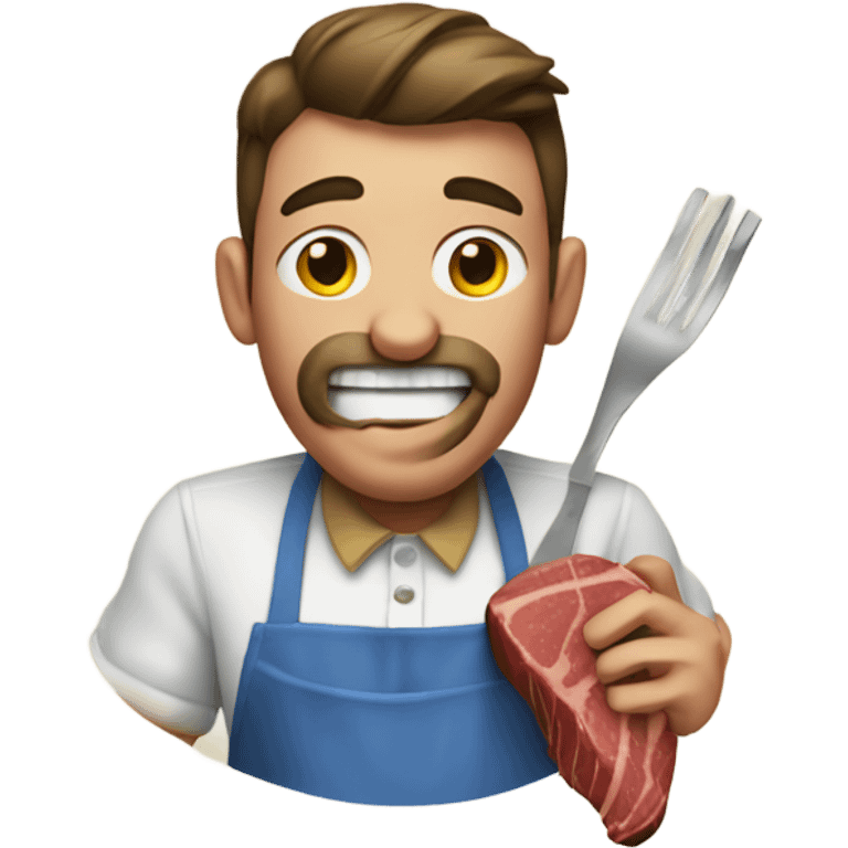 Man in an apron biting into a steak emoji