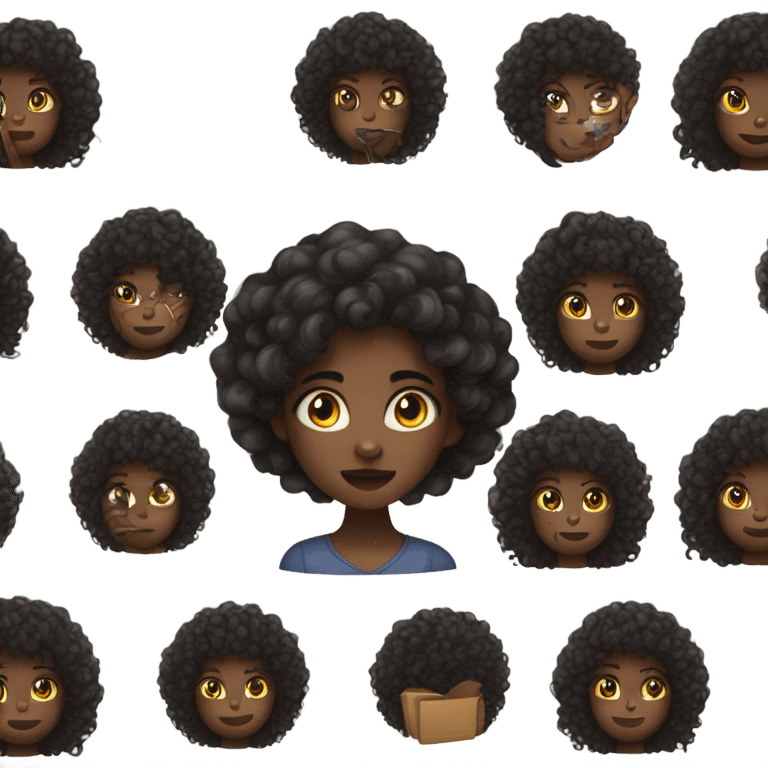 Black girl with long dark brown curly hair trying to work, black cat in the way  emoji