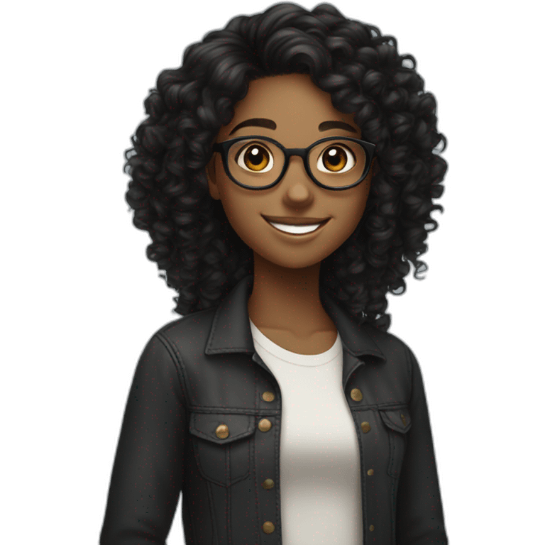 smiling black teenager girl with long black curly hair and round glasses emoji