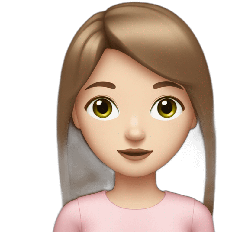 Female with brown hair. Light fringe. Green eyes. Pale skin. Aesthetic cute pink outfit.  emoji