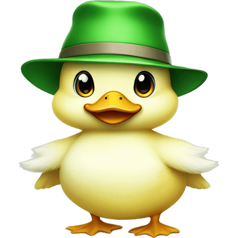 cute fluffy chubby baby duck with hand and wear green hat emoji