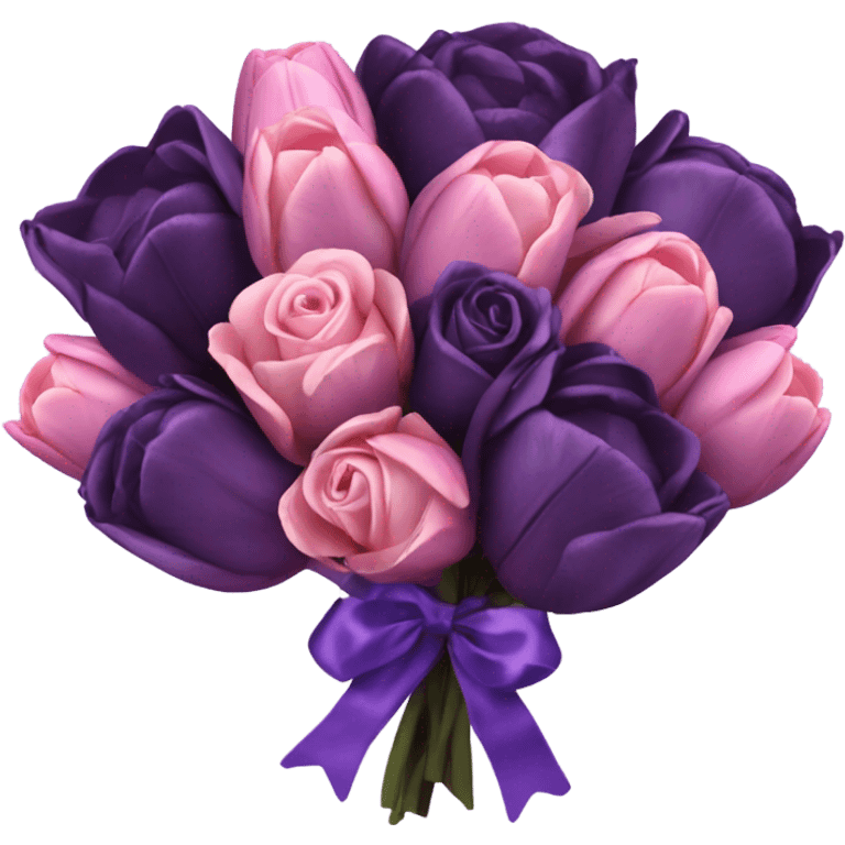 a beautiful aesthetic bouquet composed of dark purple and light pink tulips and dark purple roses tied with a silk purple ribbon emoji