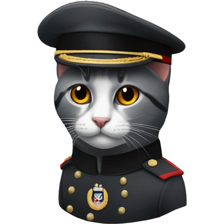 dark-gray-cat-with-white-forehead-and-black-and-red-military-hat emoji