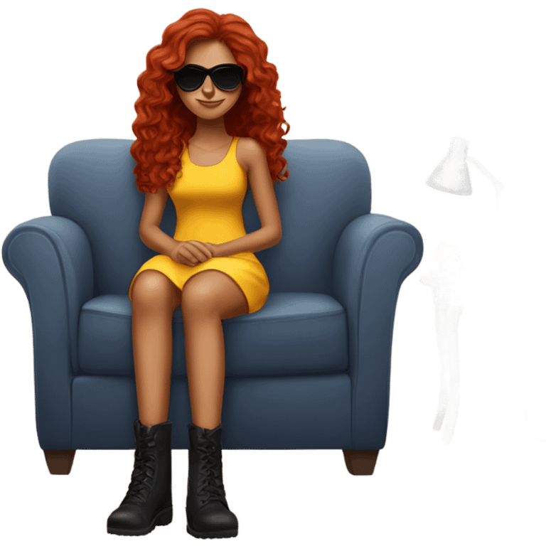 Latina with long red wavy hair with dark sunglasses a yellow sundress and black combat boots sitting on the couch emoji