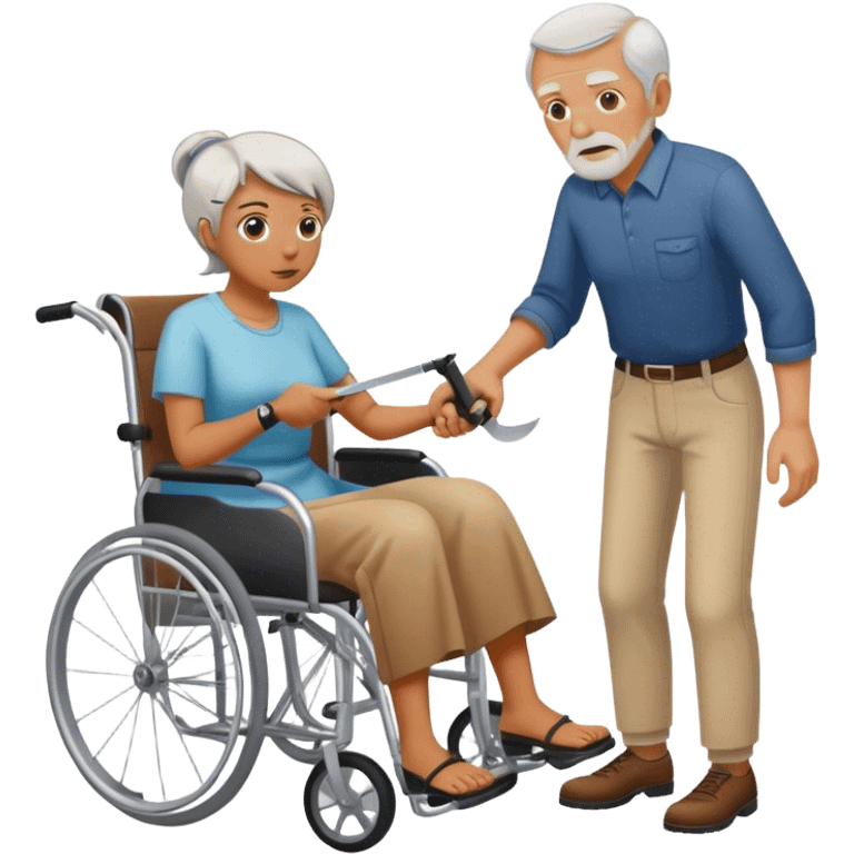 Woman with a knife in one hand, pushing with the other a wheelchair with an old man emoji