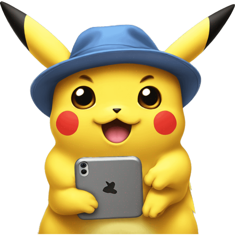 Pikachu with hat holding phone emoji