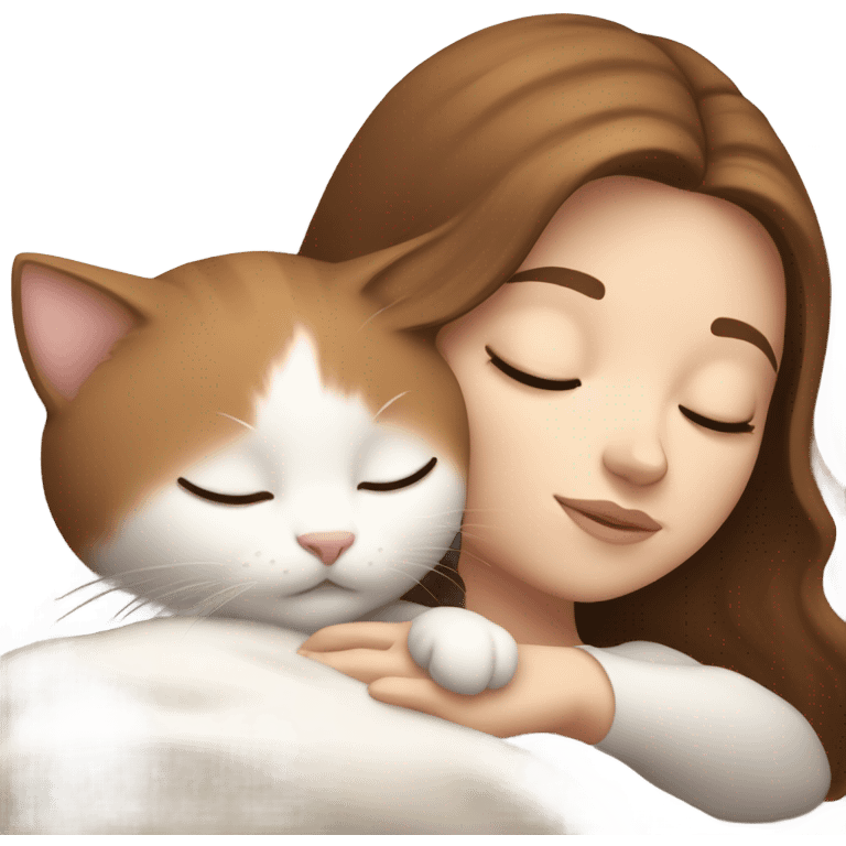 White girl brown hair sleeping with white kitty emoji