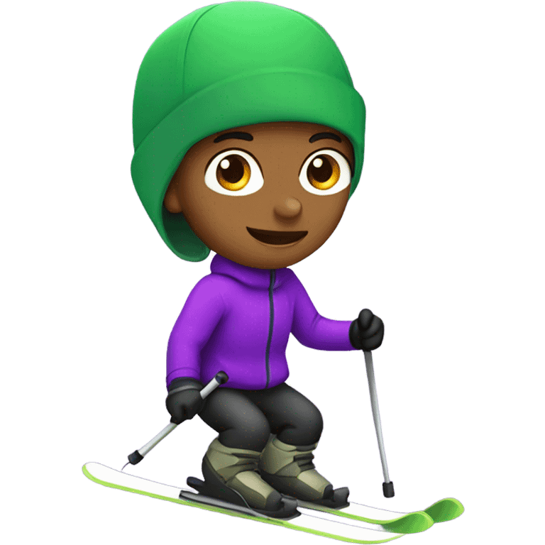 Boy skiing with green skis and a purple hat emoji