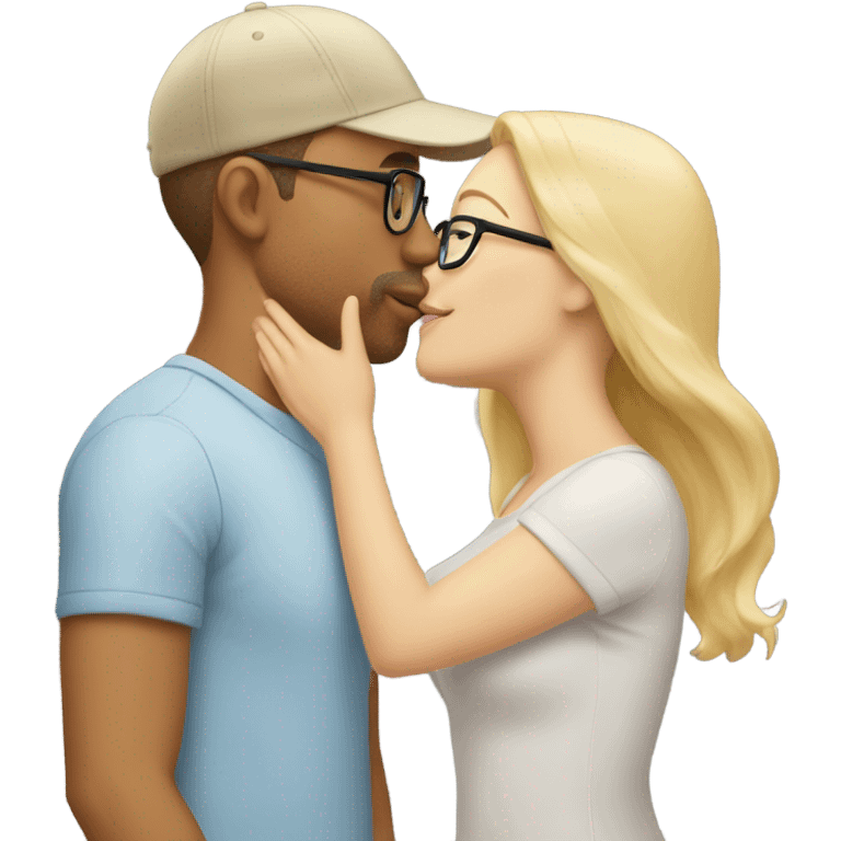 blonde woman with glasses and men with light skin and cap kissing emoji