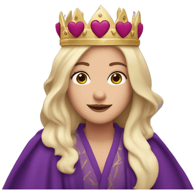 Caucasian long dark haired woman wearing royal purple robes and a crown with five hearts floating around her head emoji