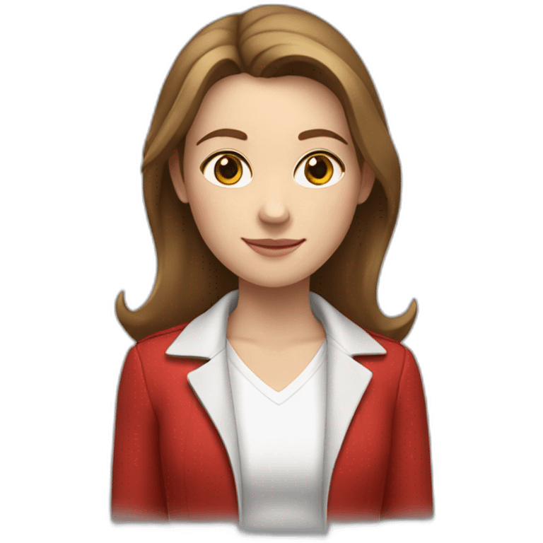 Young white woman, brown hair, wearing white shirt and red jacket, both hand above her shoulders  emoji