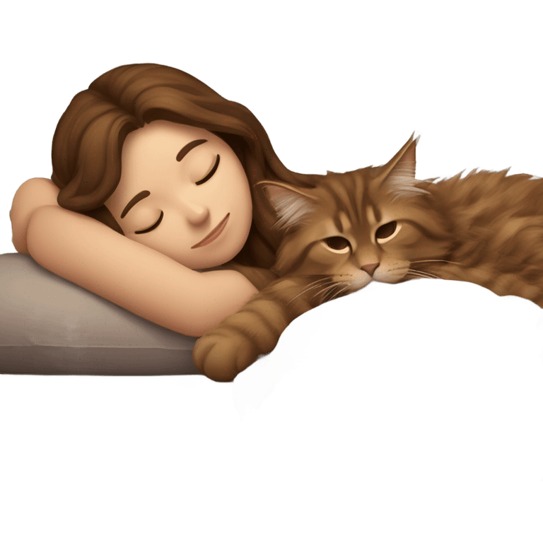 Brown-haired girl sleeping with her brown maine coon cat  emoji