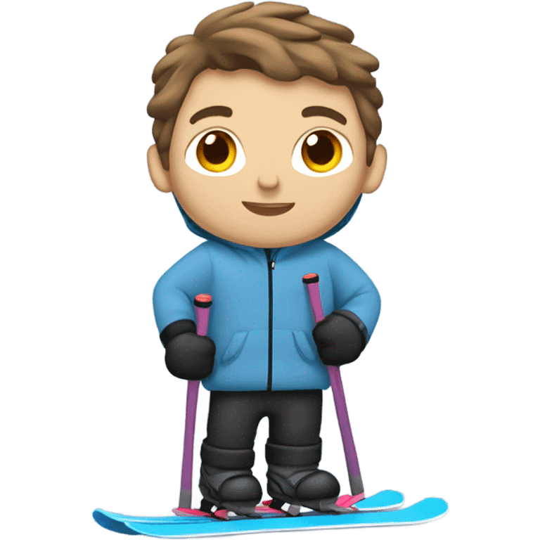 White boy with brown hair skiing on blue skis. Wearing a light gray coat. And a pair of black snow pants.  emoji