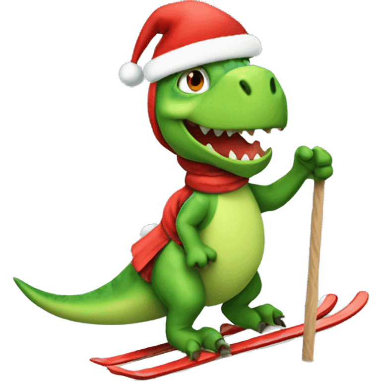 christmas dinosaur skiing while holding poles, cartoon, emoji, blank background emoji