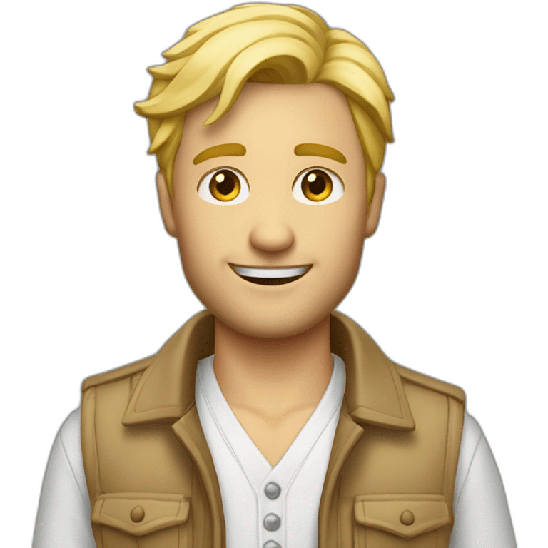 Homme blond avec une lavaliere un gilet de costume et une chemise emoji