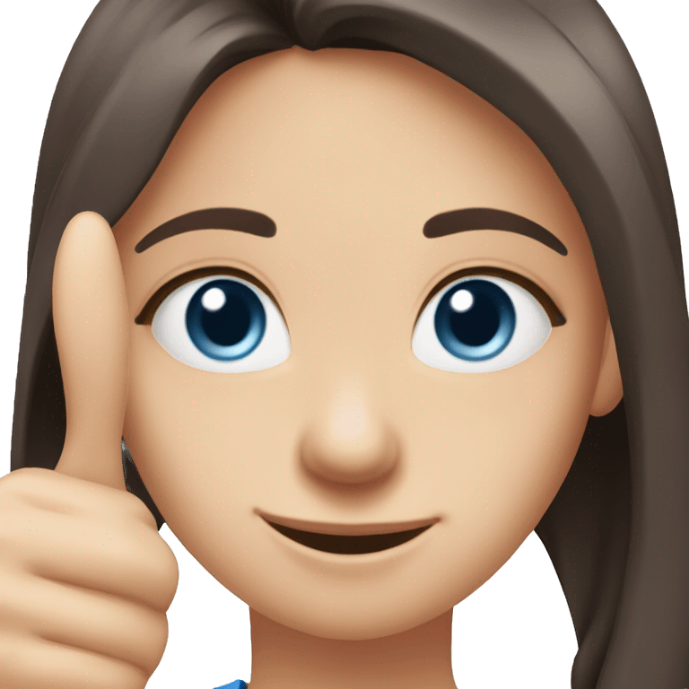 Girl with dark brown long hair, pale skin, blue eyes, light pink top, doing a thumbs up emoji