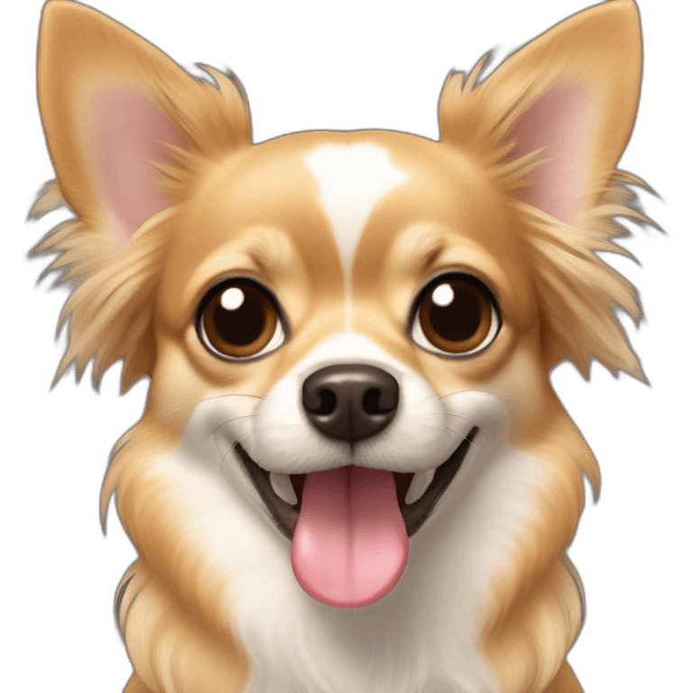 Long hair Chihuahua with light brown face and dark ridge on nose, large smile with tongue sticking out emoji