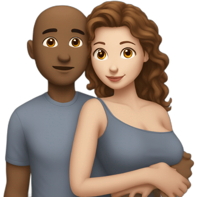 A mixed race man with very little hair kissing a white woman with brown hair short, Who embrace each other tenderly emoji