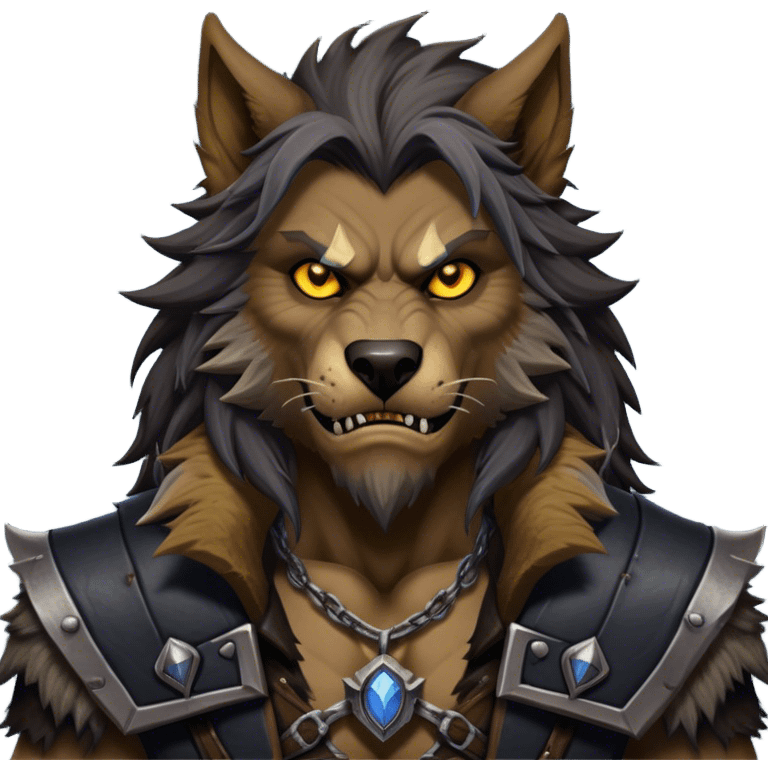 Cinematic Realistic WoW Worgen Portrait, depicted as a fearsome blend of man and beast, with rugged, dark fur intermingling with tanned, weathered skin. His piercing amber eyes and fierce expression are framed by disheveled hair and subtly detailed, worn leather attire in dark, consistent hues. Rendered with lifelike texture and dramatic, natural lighting, high shine, noble and formidable, capturing the primal nobility of a legendary worgen warrior. emoji