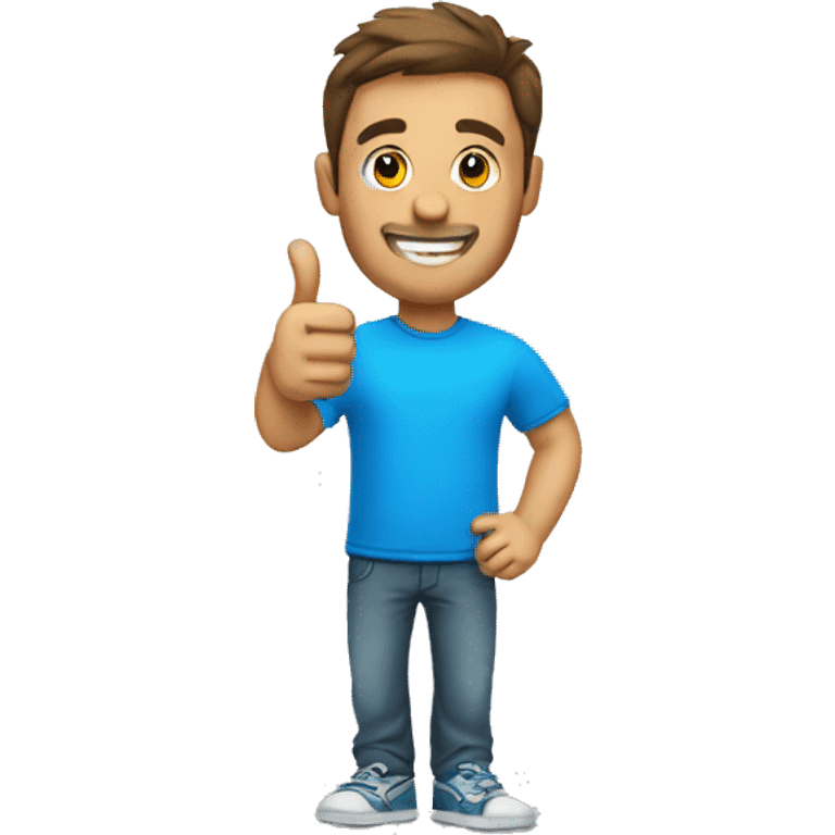 a man in a blue T-shirt smiles and shows a thumbs up emoji