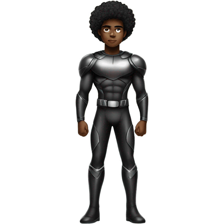 Muscular Afro teenage boy in a black Cyborg superhero costume standing on a spaceship. emoji