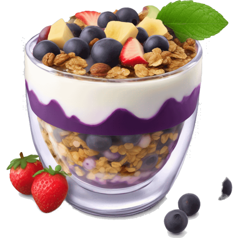 Açaí in a clear cup with layers of fruits and granola and condensed milk emoji