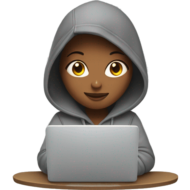 Girl in a hoodie with open laptop and big mug of coffee emoji