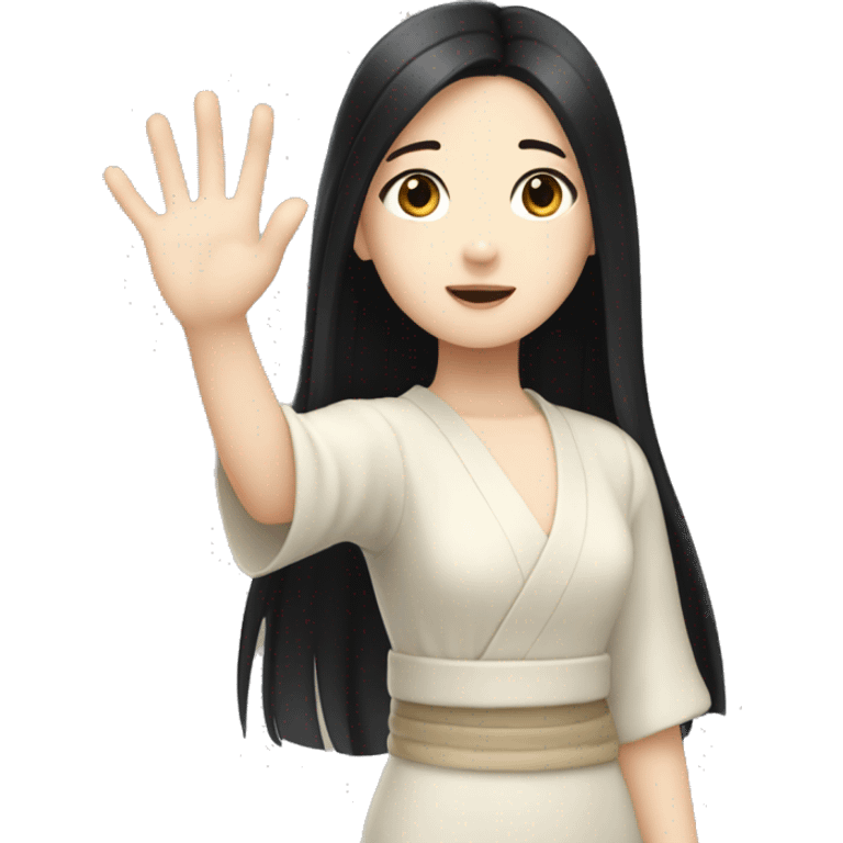 Japanese girl with long black hair and pale skin waving her hand saying hello emoji