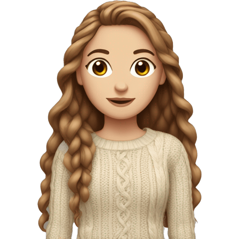 White girl with long brown hair wearing a cable-knit sweater emoji