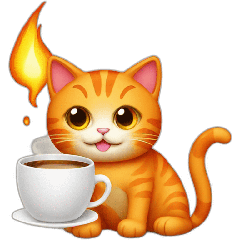 orange cat with fire and a cup of coffe emoji