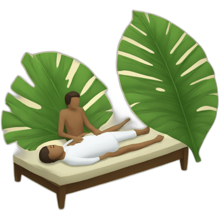 person laying and someone fanning him with palm leaf emoji