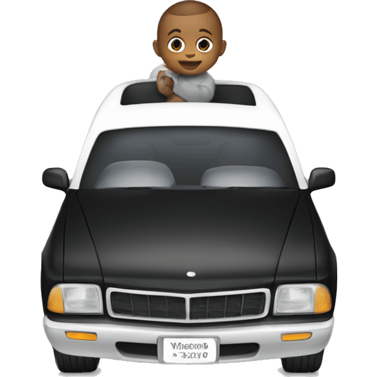 Black and white car with a baby emoji