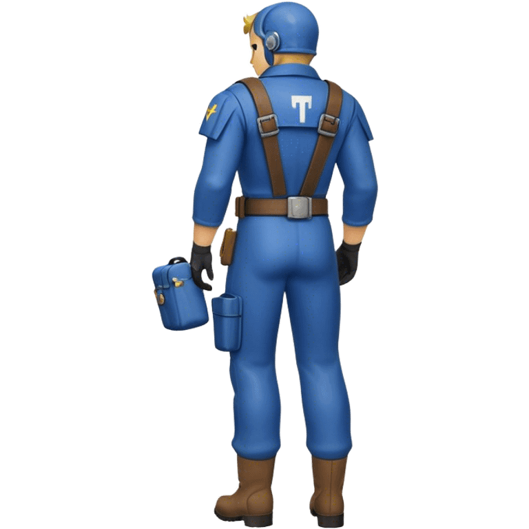 Vault Dweller emoji, style: flat, minimalist, character wearing blue Vault 13 jumpsuit (torn sleeve, bandage on arm), seen from the back, shoulder pad, leather belt with pouches, boots. Simple background. Fallout game series. emoji