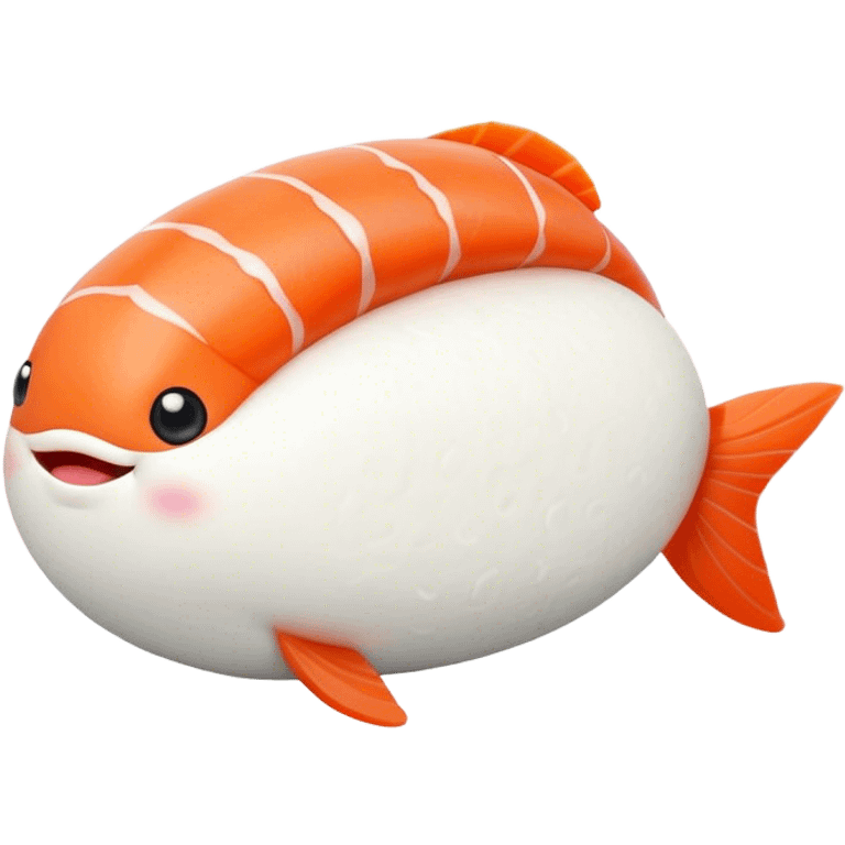 Cute Kawaii Nigiri Sushi, plump and happy, a soft white rice pillow topped with bright orange salmon, tiny blushing cheeks, big round eyes, a joyful floating expression! emoji