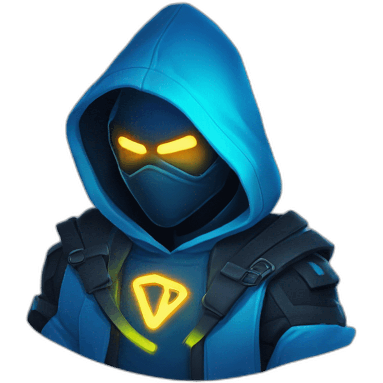 developer behind his laptop with this style : Riot Games Valorant neon glowing bright blue character blue black hooded assassin themed character emoji