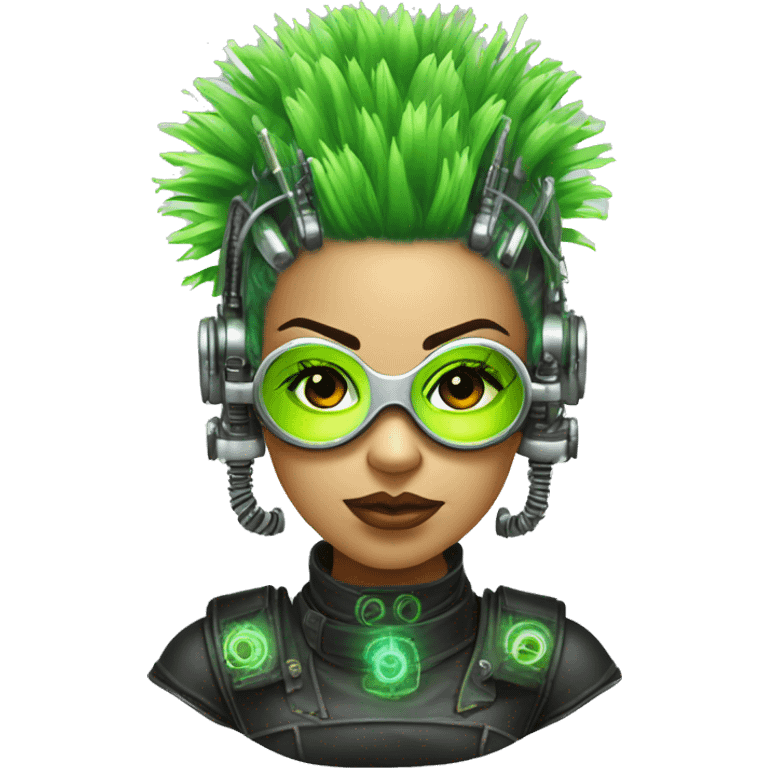 Neon green Mohawk hair Latina female cyborg head with silver steampunk goggles and circuits emoji