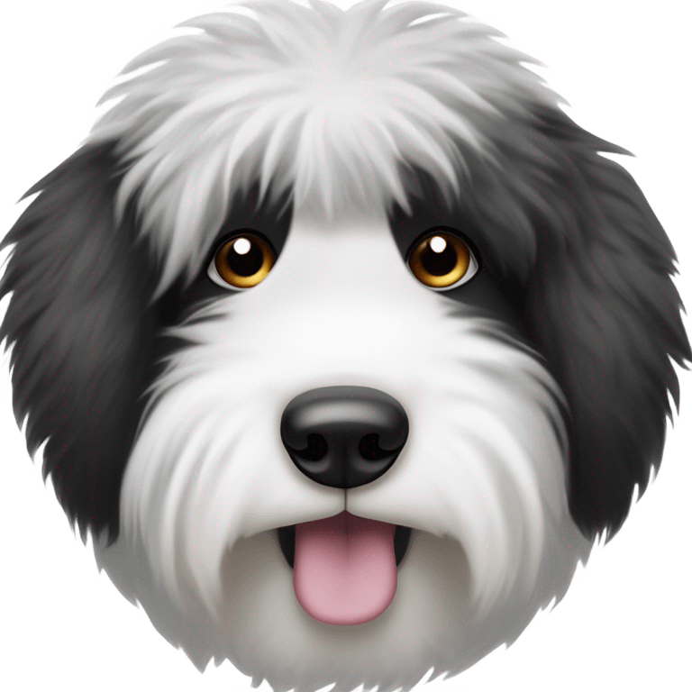 Fluffy Old English sheepdog face with the left half of his face white and the black half of his face black. White around the mouth and nose. Coloring around the eyes should be half and half as described like a black and white cookie emoji