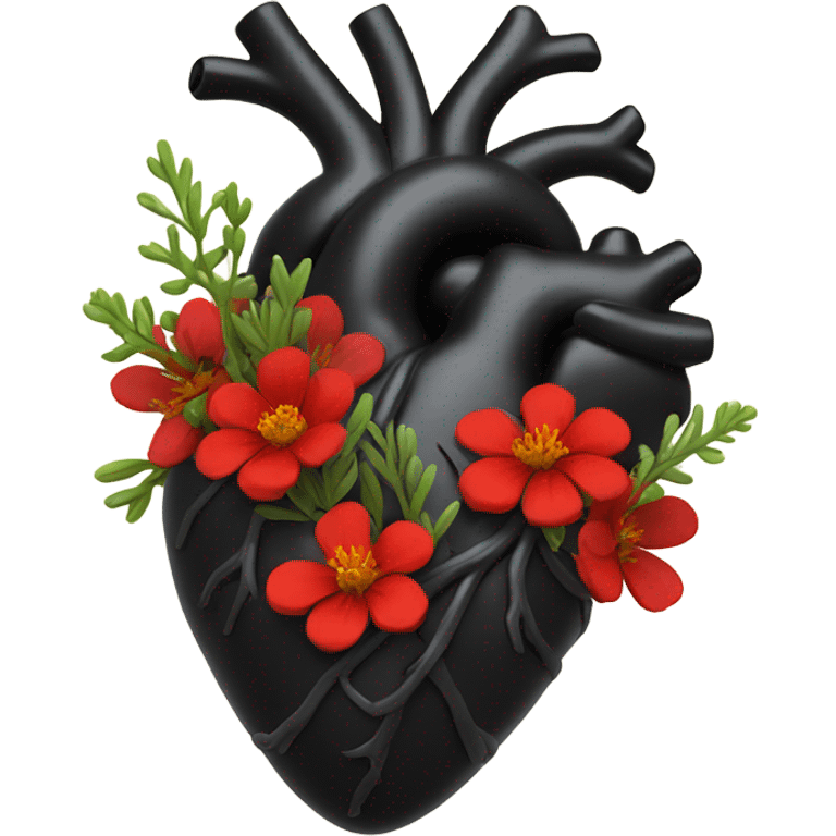 black anatomical heart with red wildflowers emoji