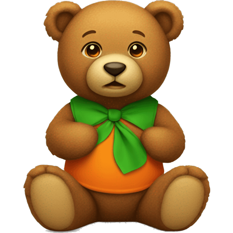 a brown sitting teddy bear wearing a green shirt with an orange irish leave  emoji