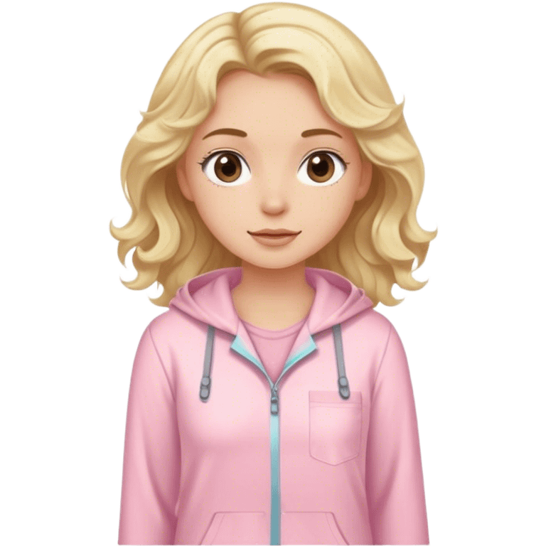 Blonde model with brown eyes, wavy hair, pastel pink pajamas, hiking fashion  emoji