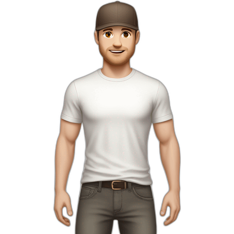 Pale skinned fit Man with dark brown hair in a light gray cap, dark brown jeans, brown polo and white T-shirt keeping a pasted with tape white box into his hands emoji