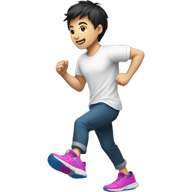 teen guy asian with short black pants, white shirt sarcasm imprint, colorful teel blue and magenta running shoe emoji