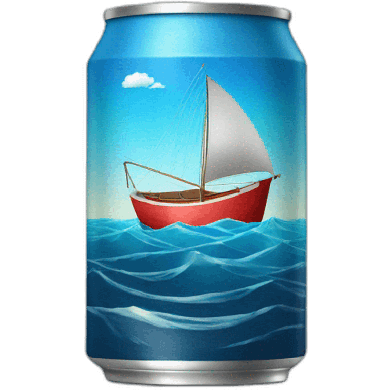 realistic can of tuna fish sowing the shape of a sailling boat on a sea background emoji